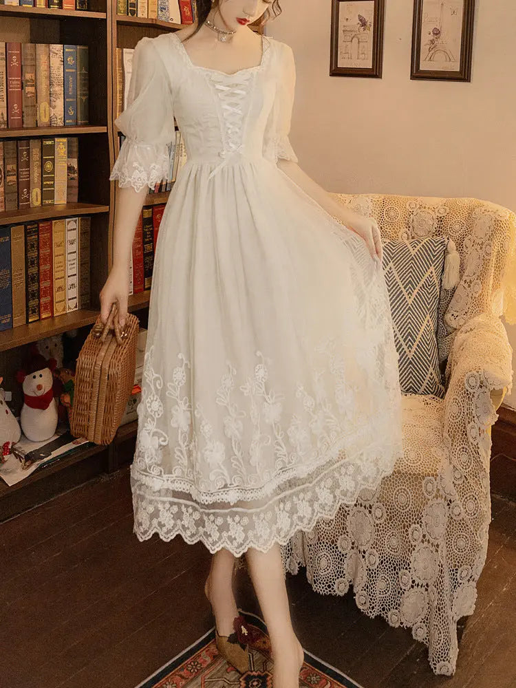 Ladies Fashion Sweet Retro White Dress INDZONES