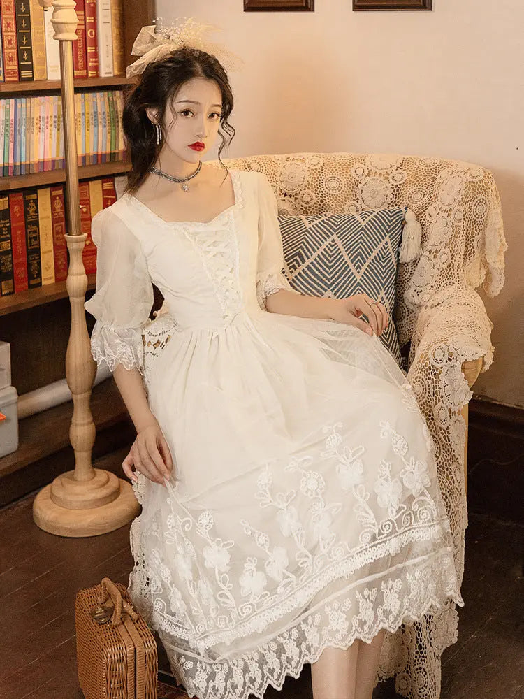 Ladies Fashion Sweet Retro White Dress INDZONES