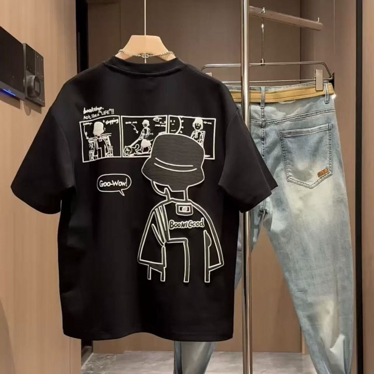 Men's Simple Cartoon Print Loose Short Sleeve