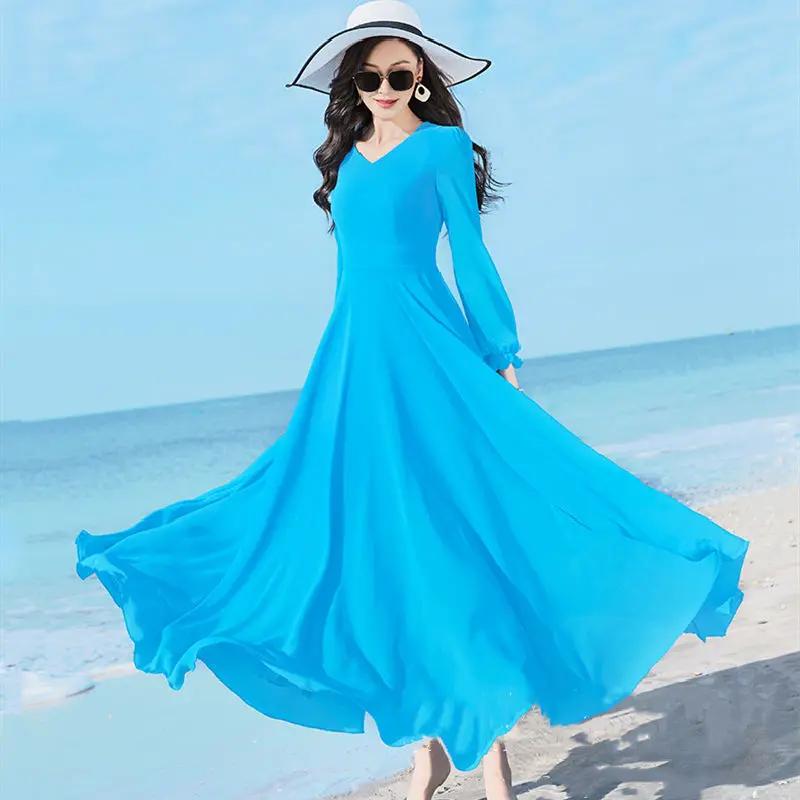Double-layer Swing Slimming Long-sleeved Chiffon Women's Mid-length Over-the-knee Dress Sumit Pathak