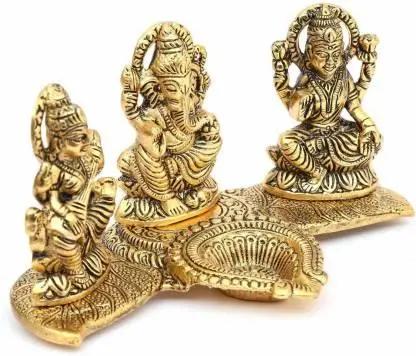 Design Gold Plated Lakshmi Ganesh Saraswati Idol with Deepak Showpiece 9ttgn1-6x