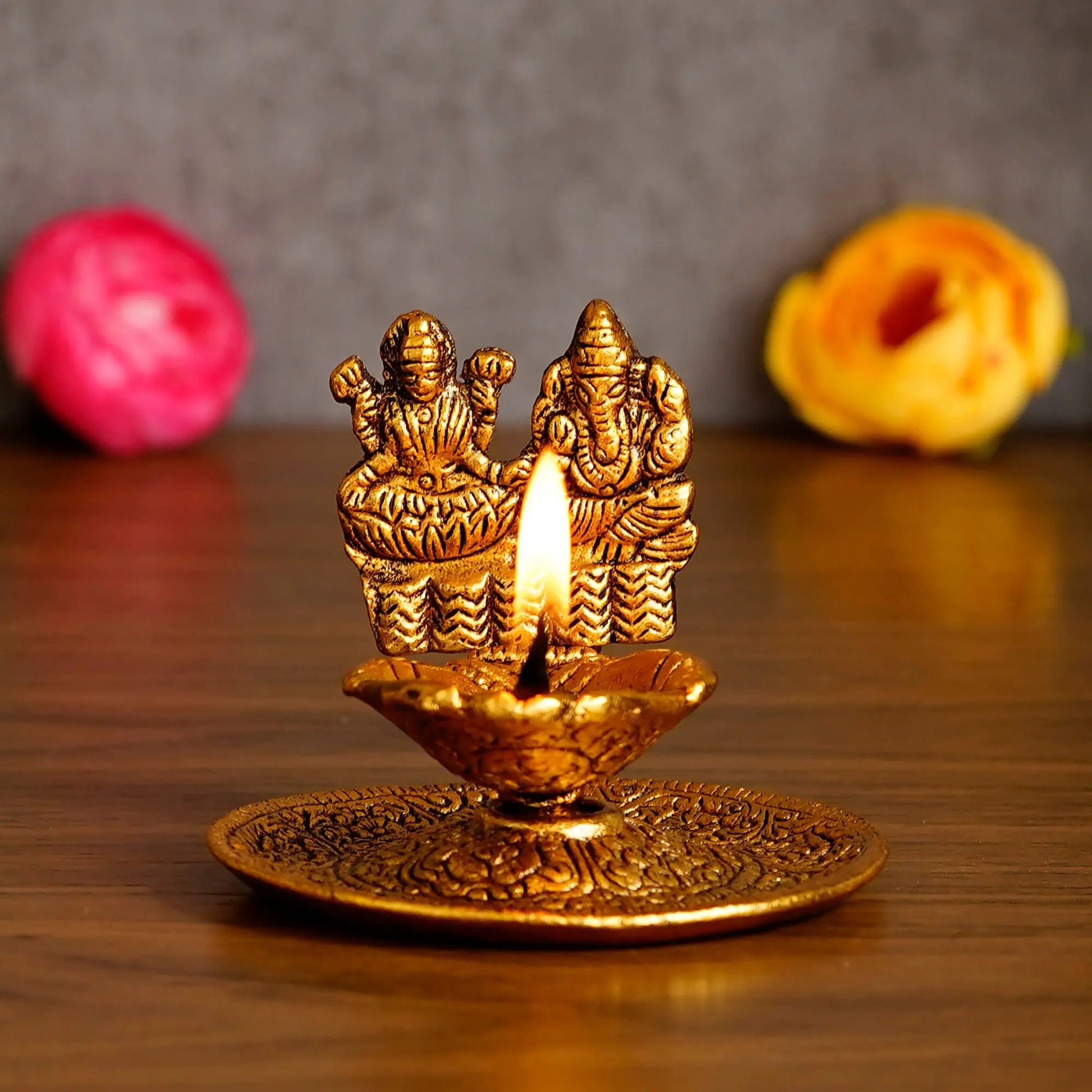 eCraftIndia Goddess Laxmi & Lord Ganesha Golden Metal Diya 9ttgn1-6x