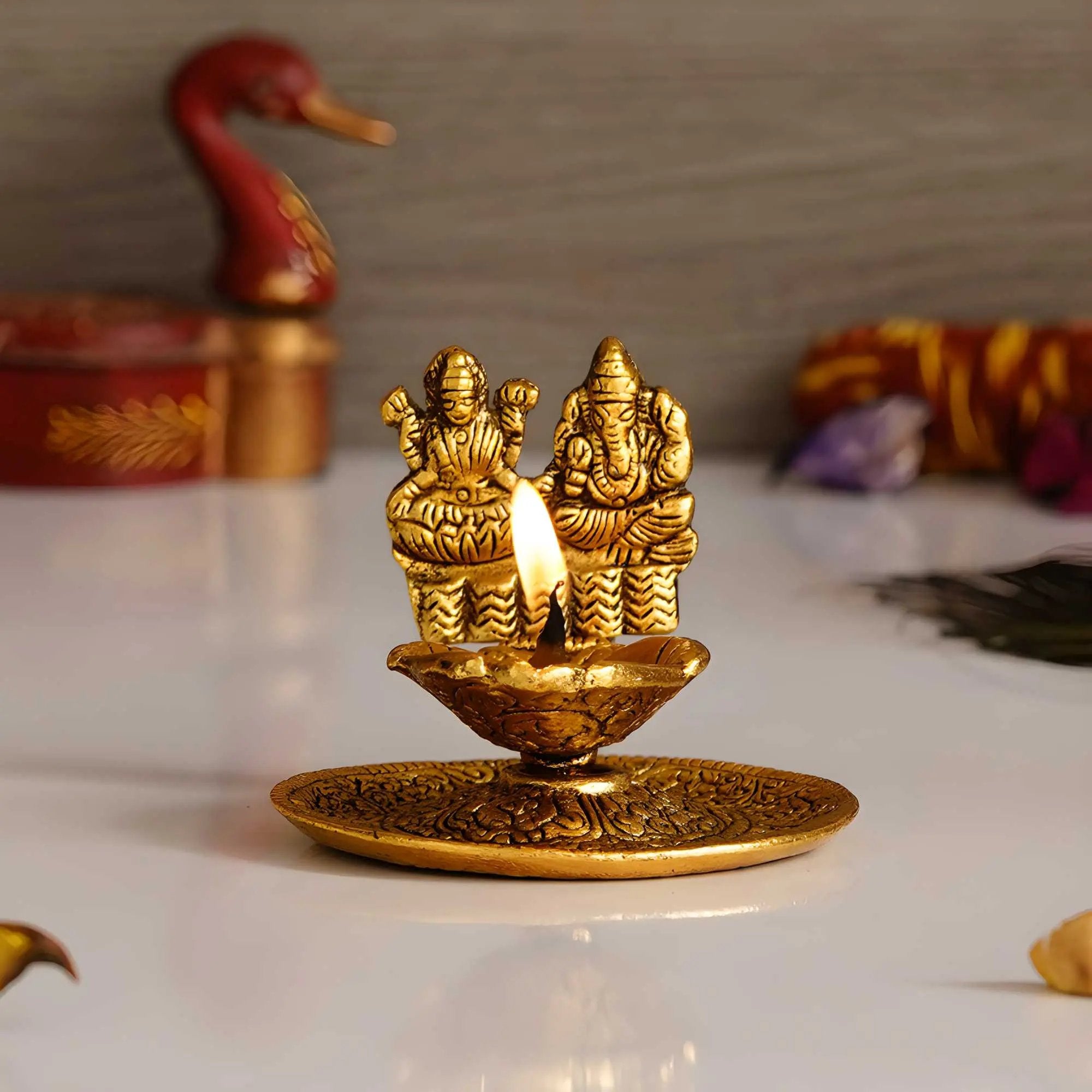 eCraftIndia Goddess Laxmi & Lord Ganesha Golden Metal Diya 9ttgn1-6x