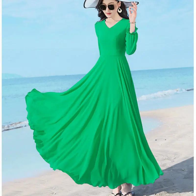 Double-layer Swing Slimming Long-sleeved Chiffon Women's Mid-length Over-the-knee Dress Sumit Pathak
