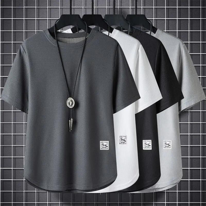 Batch Of Waffled Short-sleeved T-shirt Men&#039;s Summer Loose Plus Size Crewneck Breathable Solid Color Base Shirt Half-sleeved Top