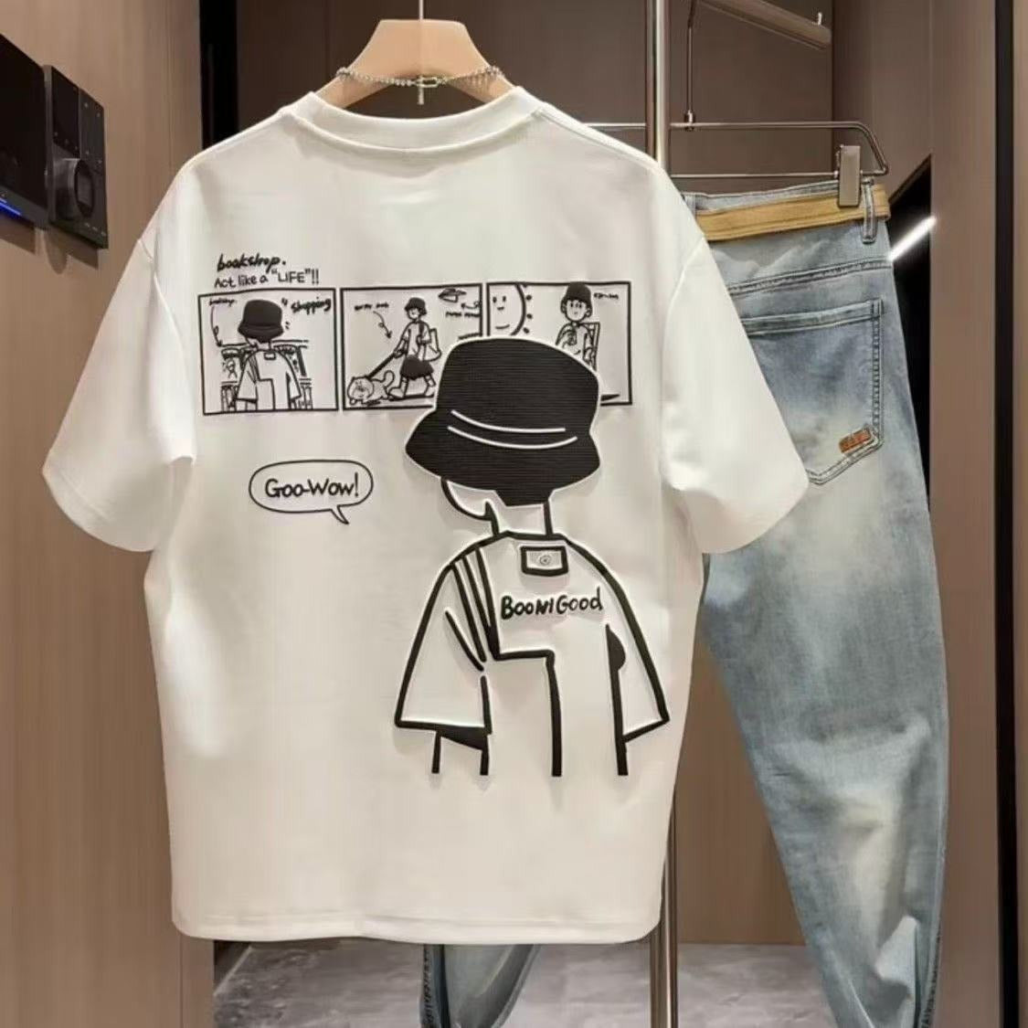 Men's Simple Cartoon Print Loose Short Sleeve