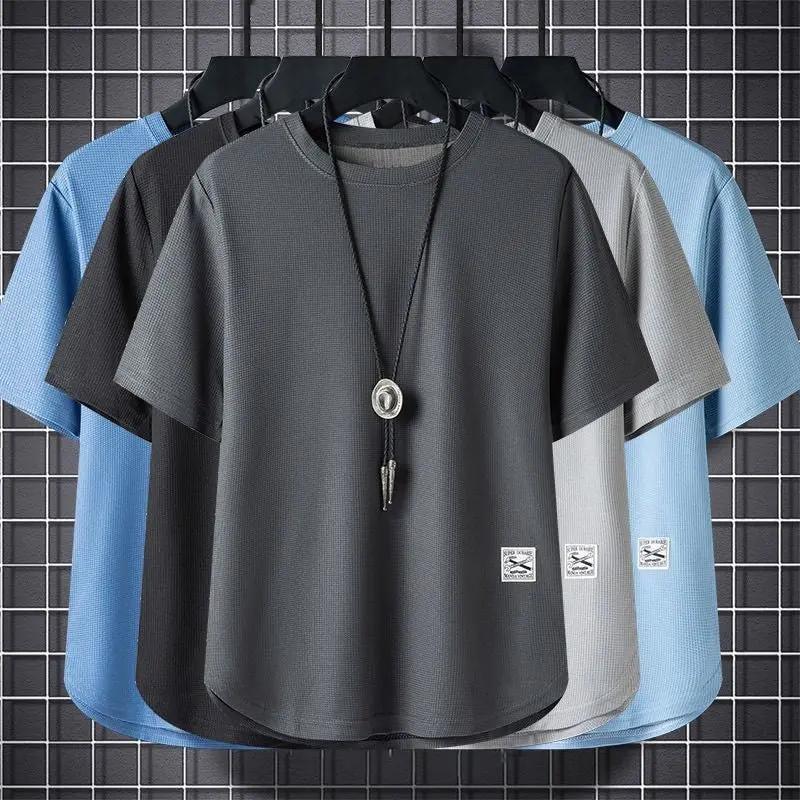 Batch Of Waffled Short-sleeved T-shirt Men&#039;s Summer Loose Plus Size Crewneck Breathable Solid Color Base Shirt Half-sleeved Top