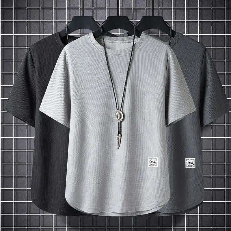 Batch Of Waffled Short-sleeved T-shirt Men&#039;s Summer Loose Plus Size Crewneck Breathable Solid Color Base Shirt Half-sleeved Top