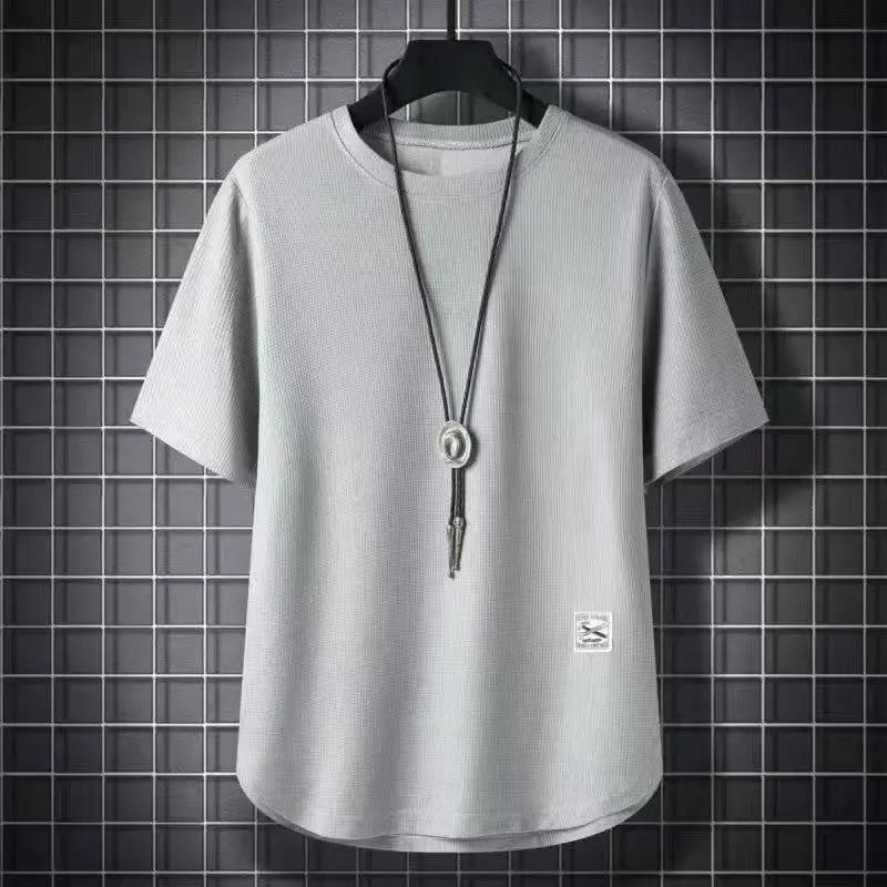 Batch Of Waffled Short-sleeved T-shirt Men&#039;s Summer Loose Plus Size Crewneck Breathable Solid Color Base Shirt Half-sleeved Top