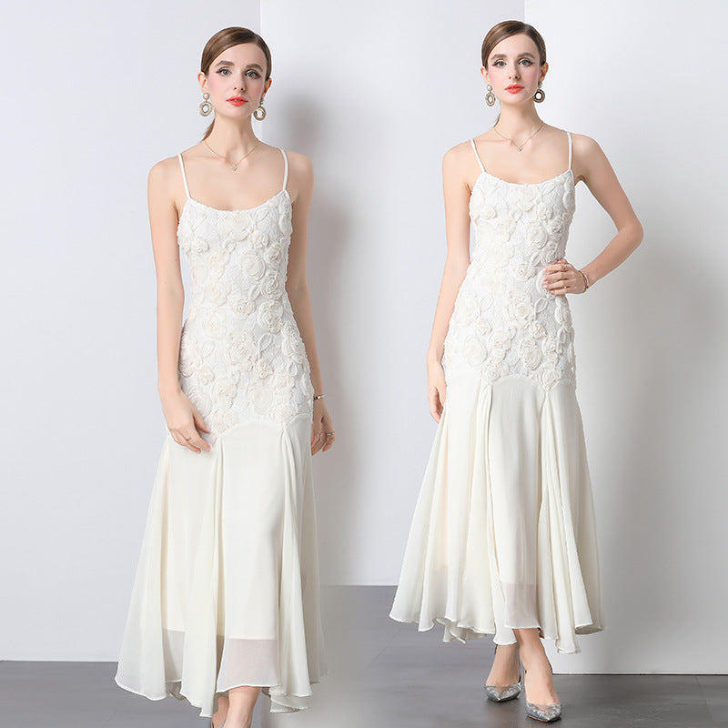French Style Machine Embroidery Rose Flower Sling Dress