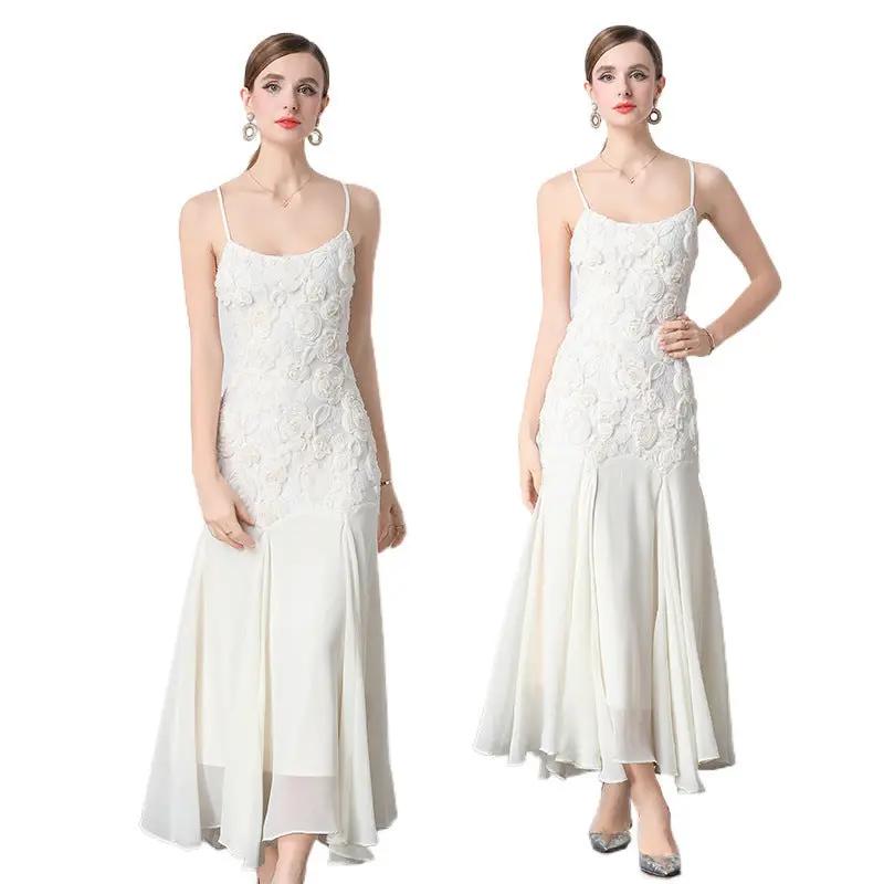 French Style Machine Embroidery Rose Flower Sling Dress Sumit Pathak