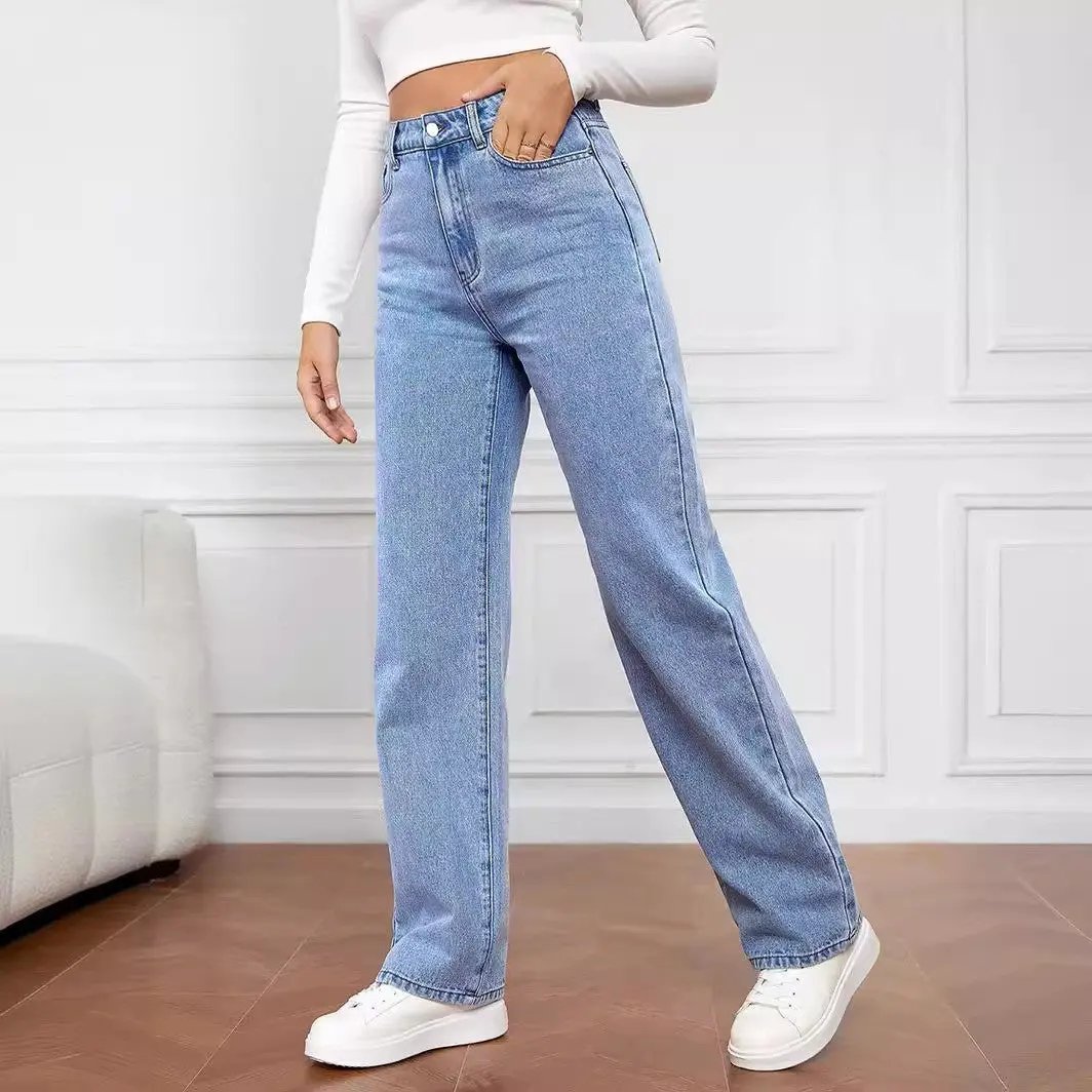 European And American Cross-border Amazon Hot-selling Stretch Washed Denim Fashion Straight Trousers Jeans Women's Pants Sumit Pathak