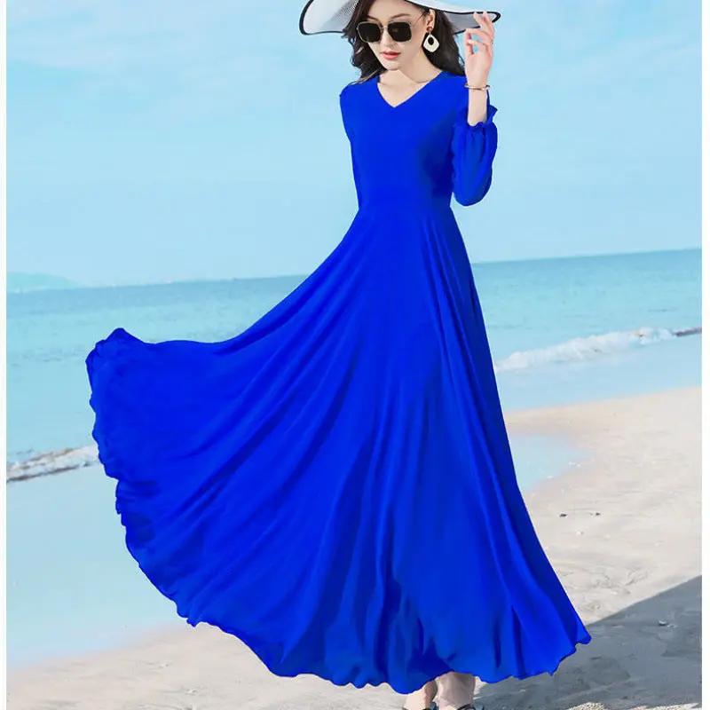 Double-layer Swing Slimming Long-sleeved Chiffon Women's Mid-length Over-the-knee Dress Sumit Pathak