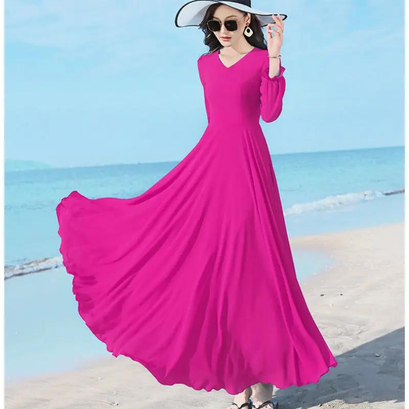 Double-layer Swing Slimming Long-sleeved Chiffon Women's Mid-length Over-the-knee Dress Sumit Pathak